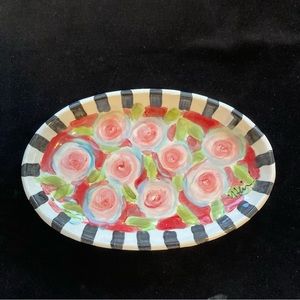 Handmade Ceramic Serving Platter Roses on Scarlet 11”x7.5” Original design